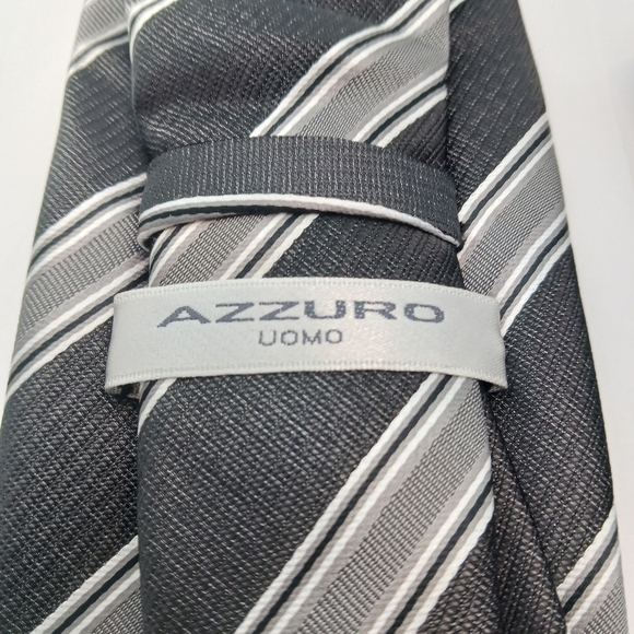 Azzuro Uomo Mens Tie & Pocket Square Set Black Gray Striped Business Formal - Picture 5 of 7